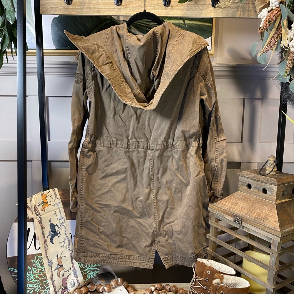 Y2K 80s Woman M Roots Military Parka Fishtail Olive Green Hooded Jacket Coat - Picture 7 of 14